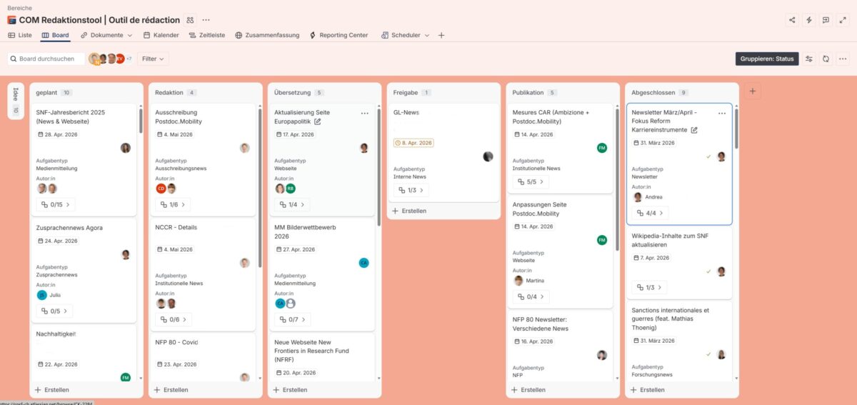 SNF Schweizerischer Nationalfonds Redaktionsplan mit Jira als Kanban Board
