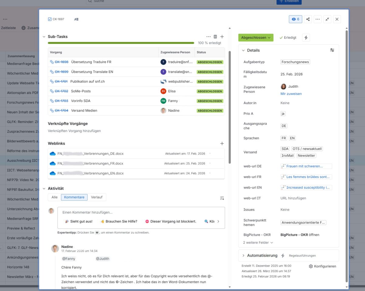 SNF Schweizerischer Nationalfonds Redaktionsplan mit Jira Sub-Tasks teilautomatisiert